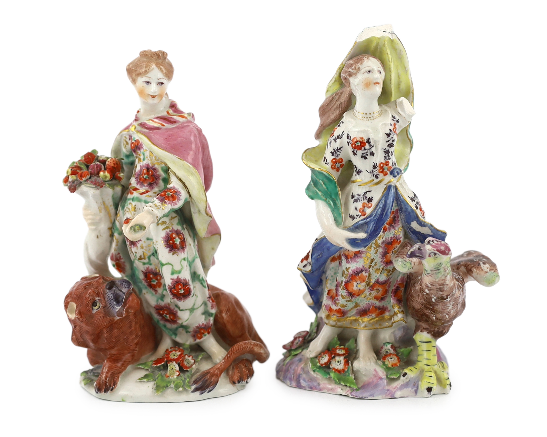 A pair of Bow porcelain groups of Ceres and Juno, c.1758, damage